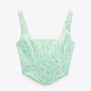 NWT ZARA POPLIN CORSET GREEN FLORAL TOP | ECRU / GREEN REF. 3067/074 | Small